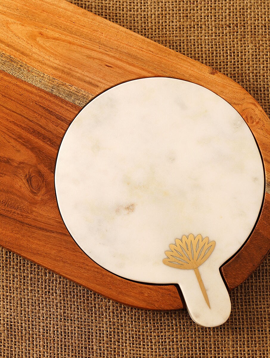 Wood and White Stone Serving Platter with Metal Floral Detail