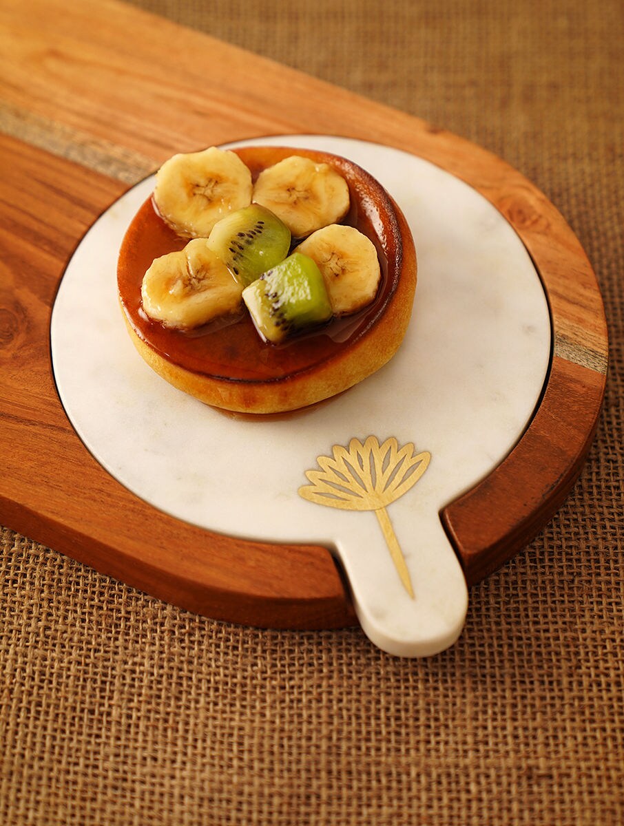 Wood and White Stone Serving Platter with Metal Floral Detail