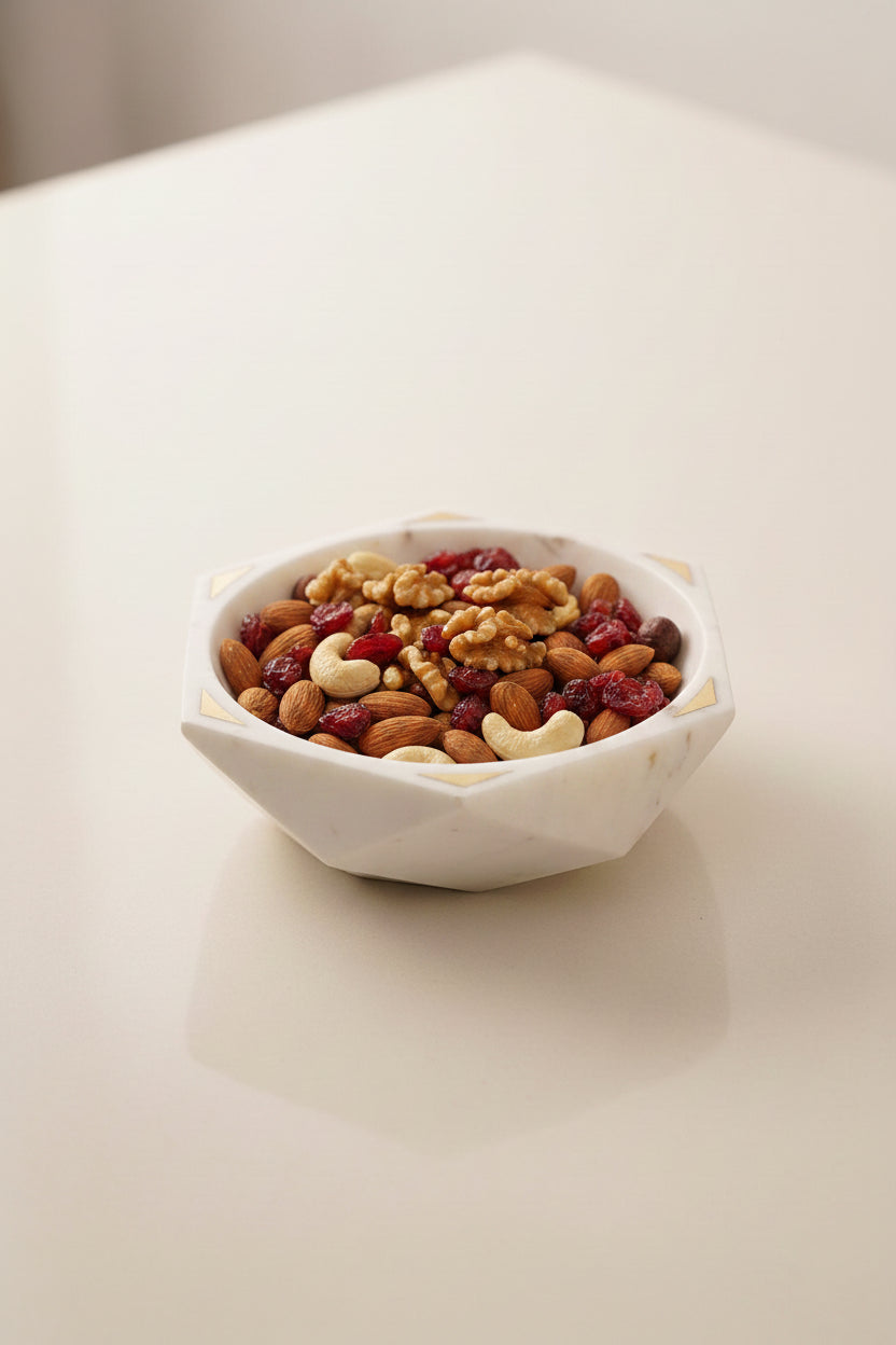 White Stone Geometric Decorative Bowl with Gold-Tone Accents