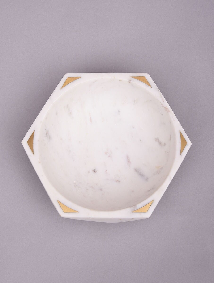 White Stone Geometric Decorative Bowl with Gold-Tone Accents