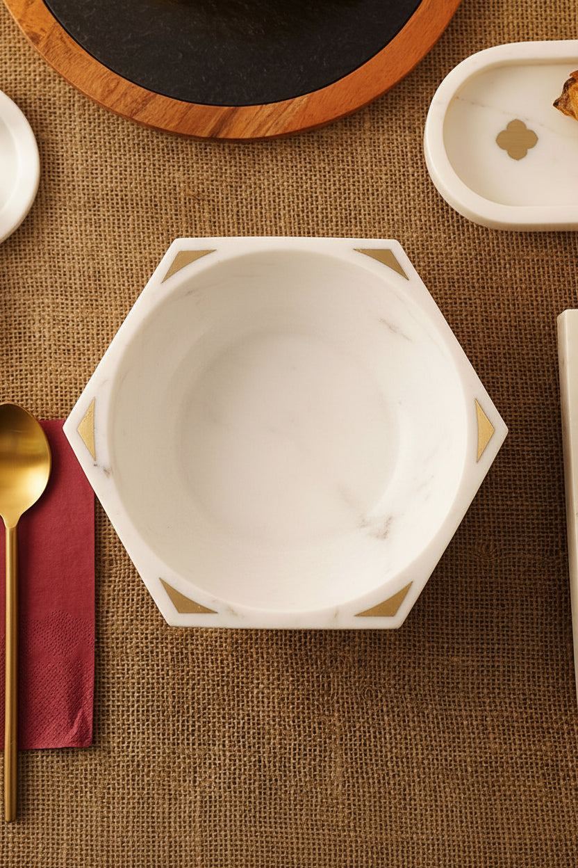 White Stone Geometric Decorative Bowl with Gold-Tone Accents