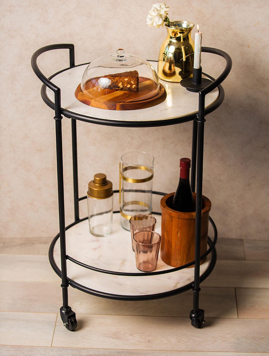 White Marble Two-Tier Rolling Serving Cart
