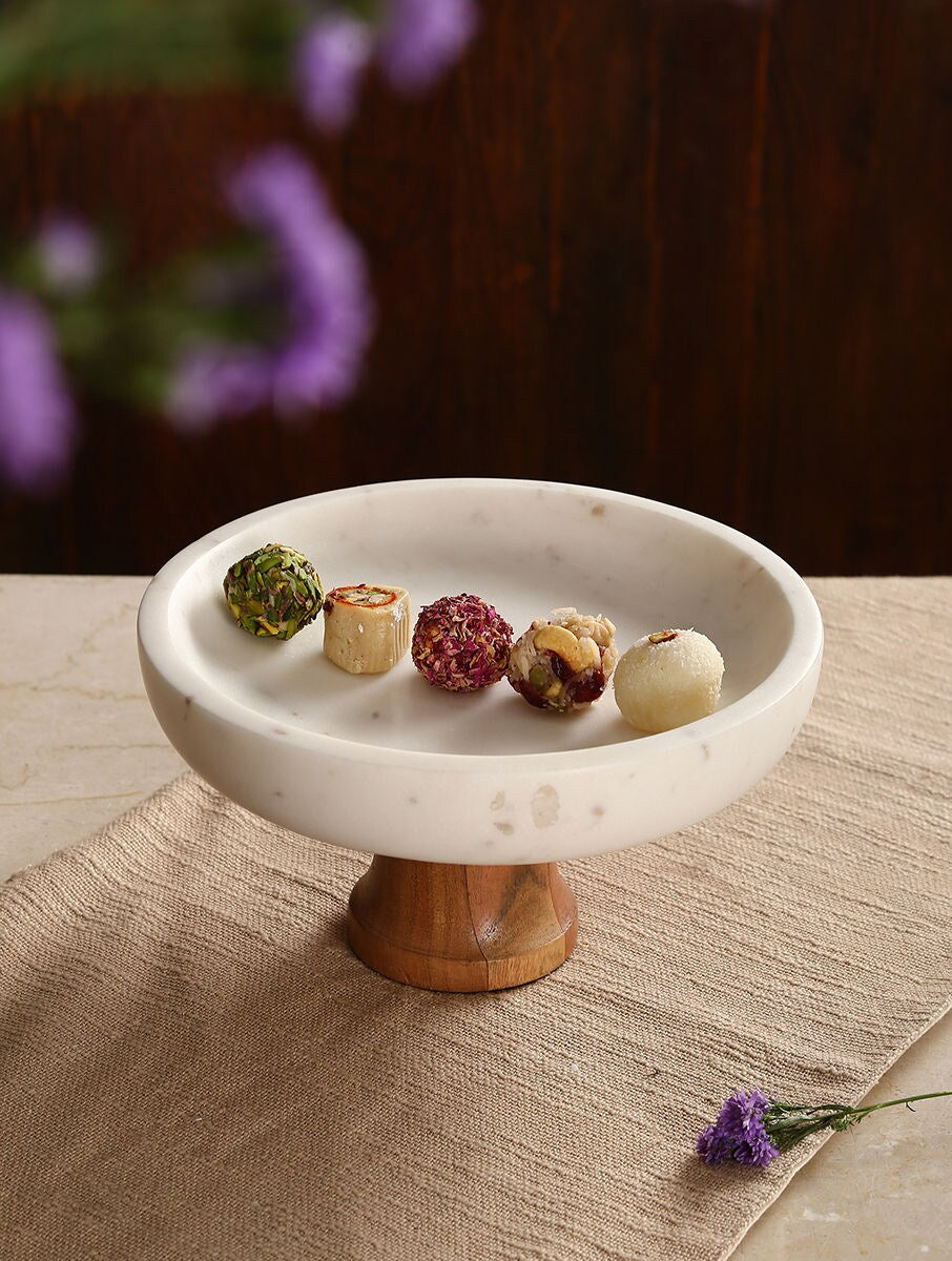 White Hand Crafted Marble Hand Carved Cake Stand