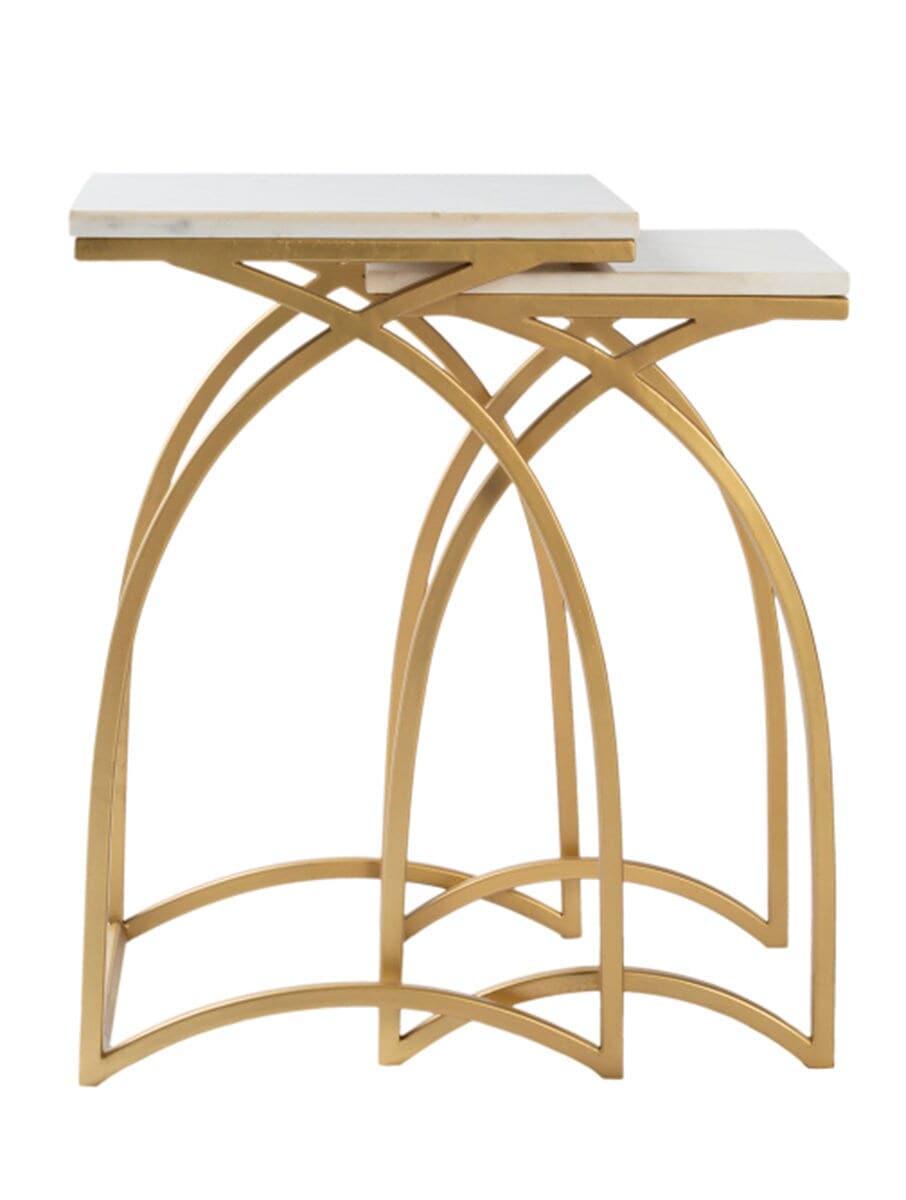 Square White Stone Side Table with Gold Arch Frame (Combo of Two)