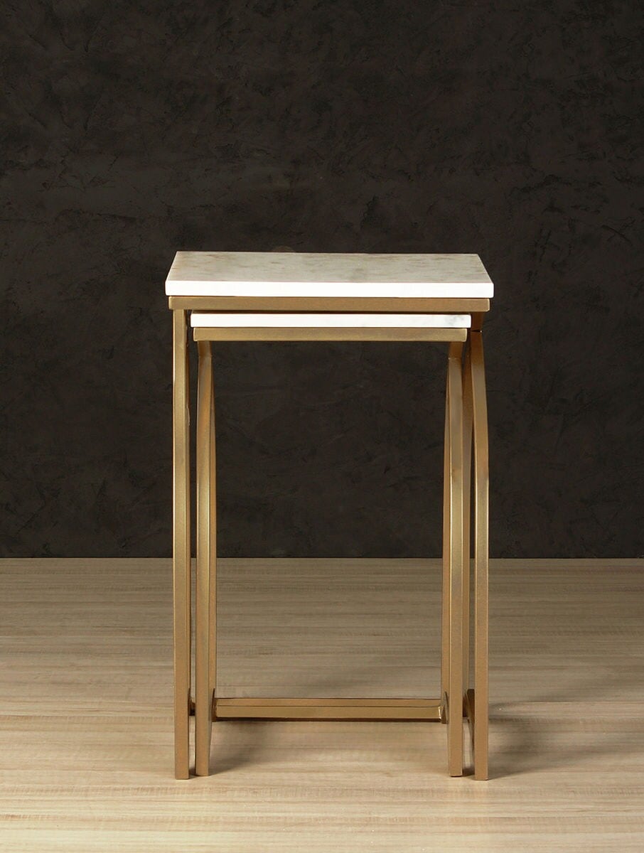 Square White Stone Side Table with Gold Arch Frame (Combo of Two)