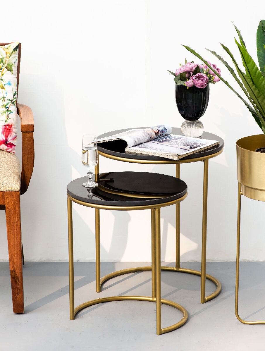 Black Marble Nesting Side Tables with Metal Bases – Set of Two