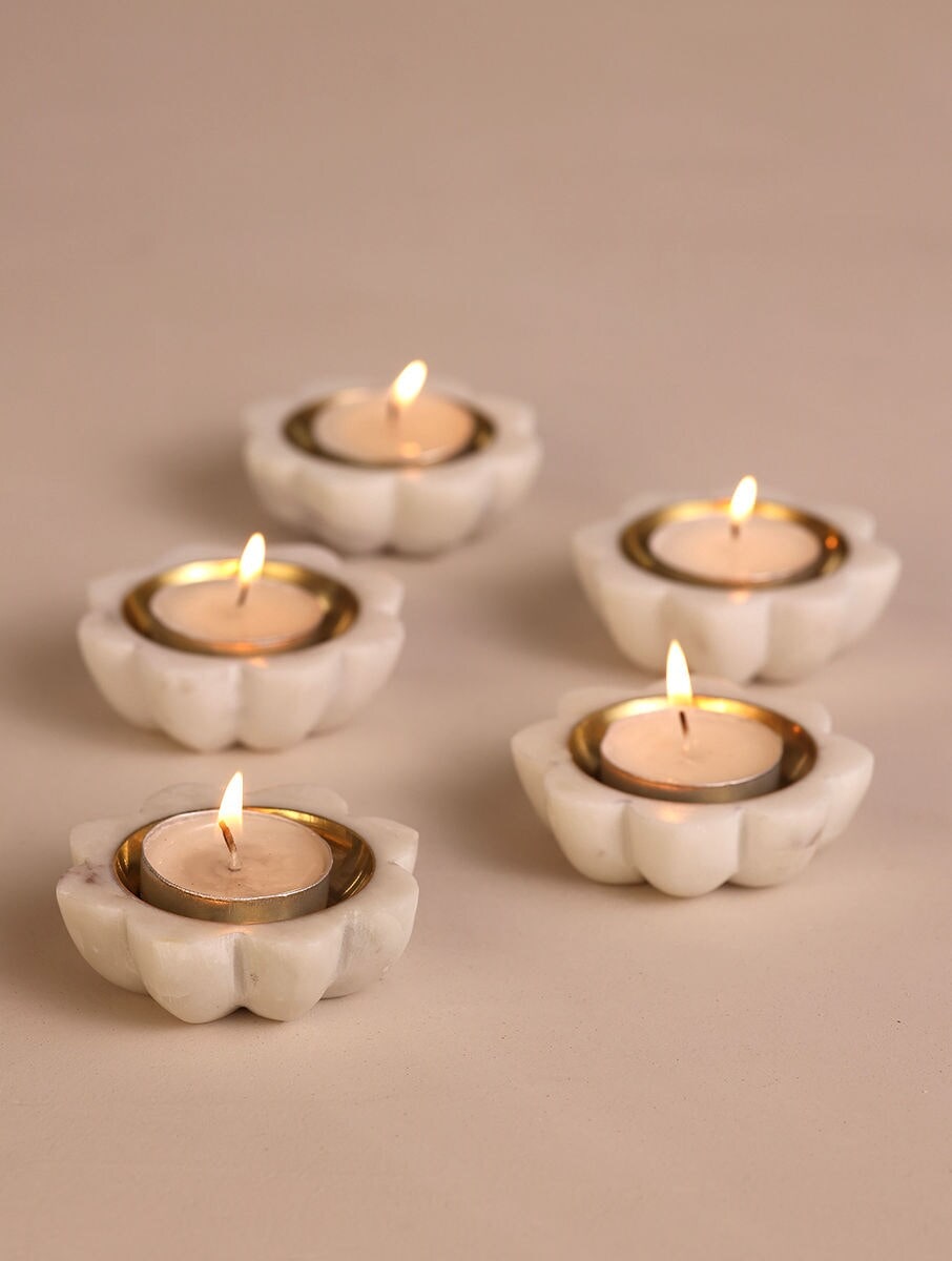 White Marble Flower Candle Holders with Metal Inlay