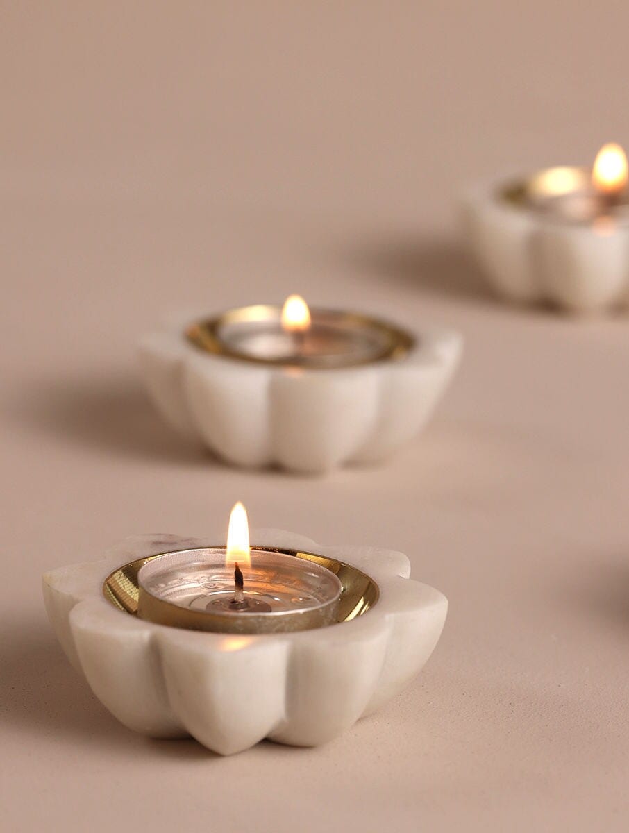 White Marble Flower Candle Holders with Metal Inlay