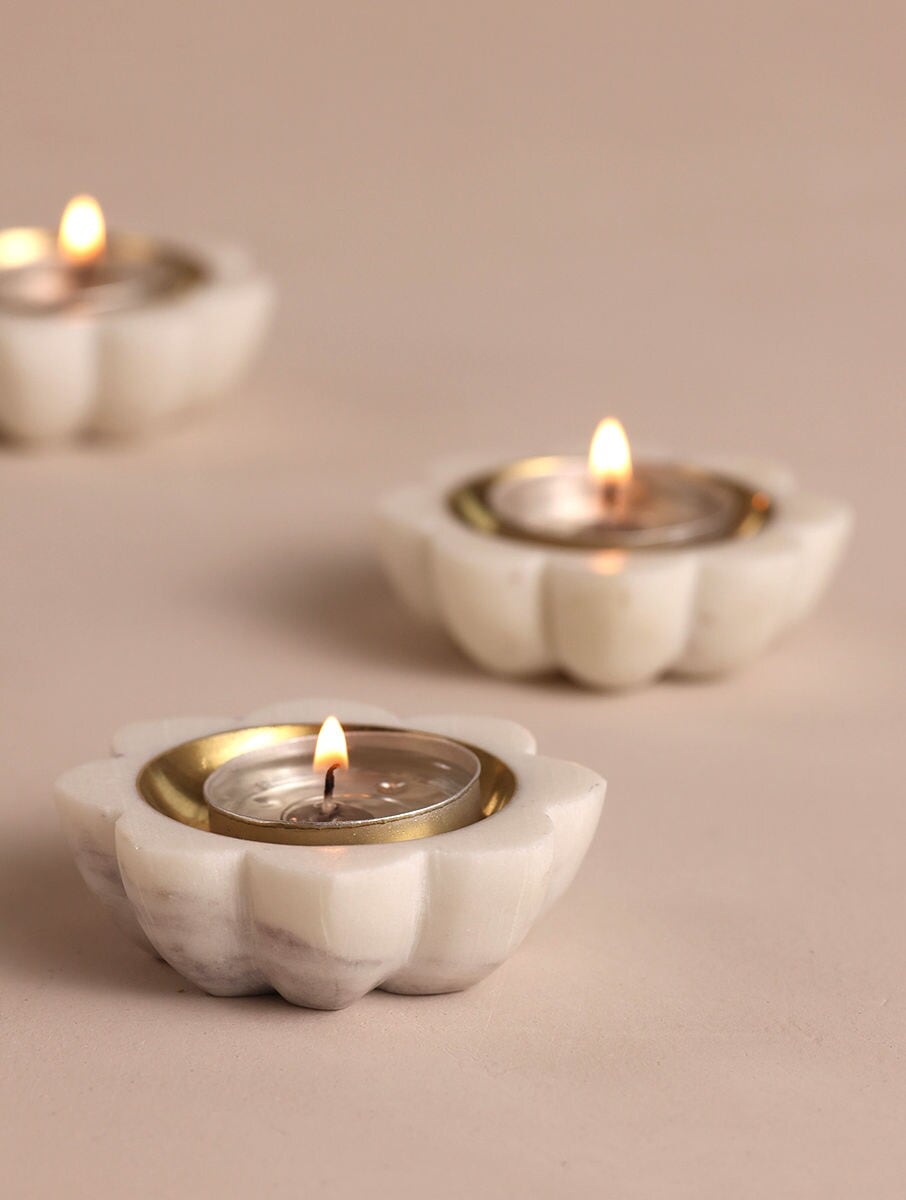 White Marble Flower Candle Holders with Metal Inlay