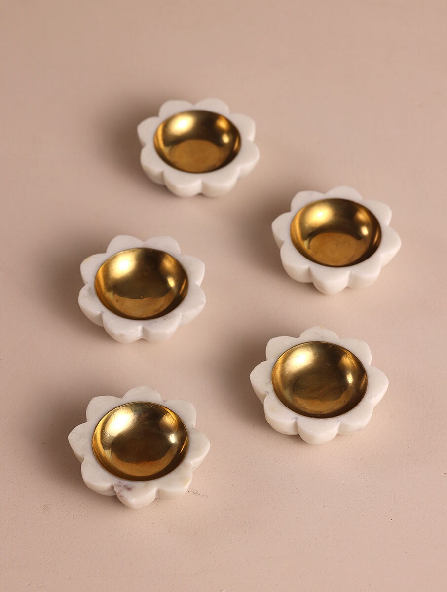 White Marble Flower Candle Holders with Metal Inlay