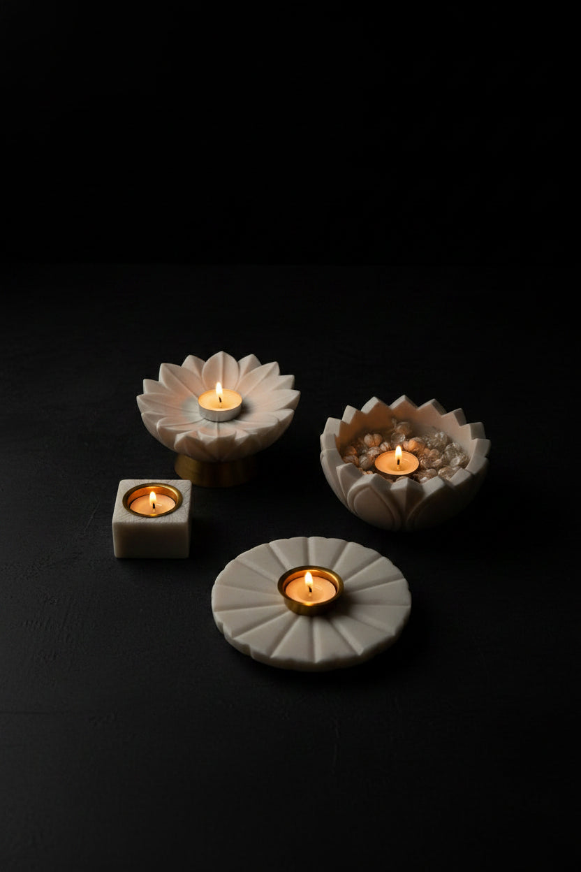 White Marble Flower Bowl with Incense Stick Holder