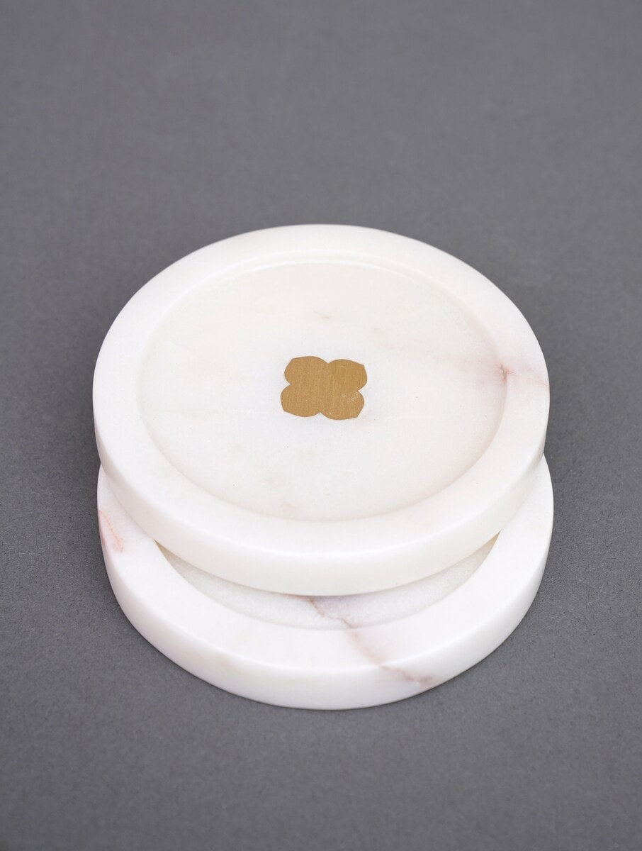 White Marble Floral Coasters with Metal Inlay – Set of 2
