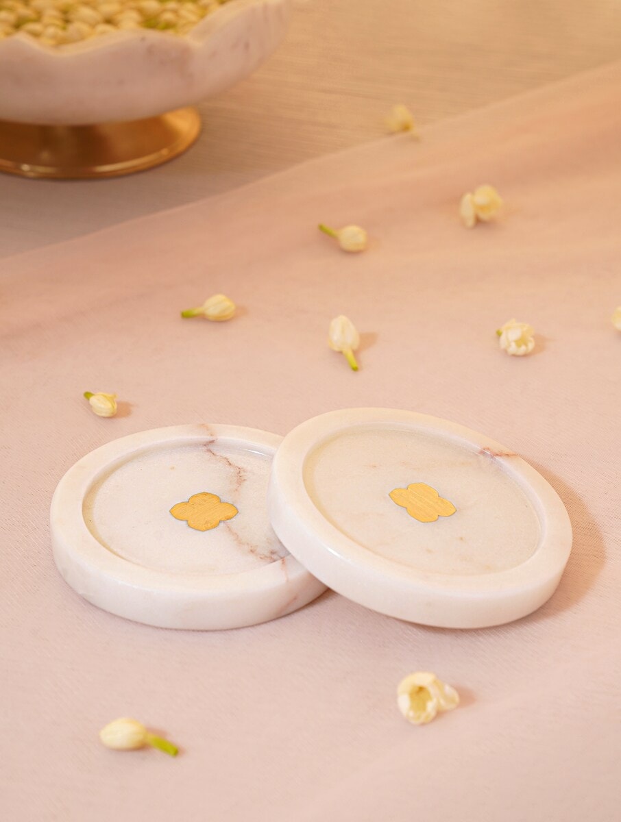 White Marble Floral Coasters with Metal Inlay – Set of 2