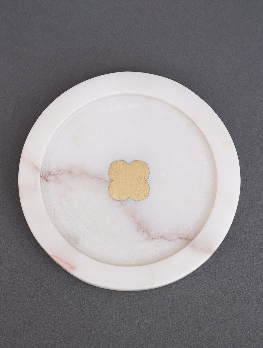 White Marble Floral Coasters with Metal Inlay – Set of 2