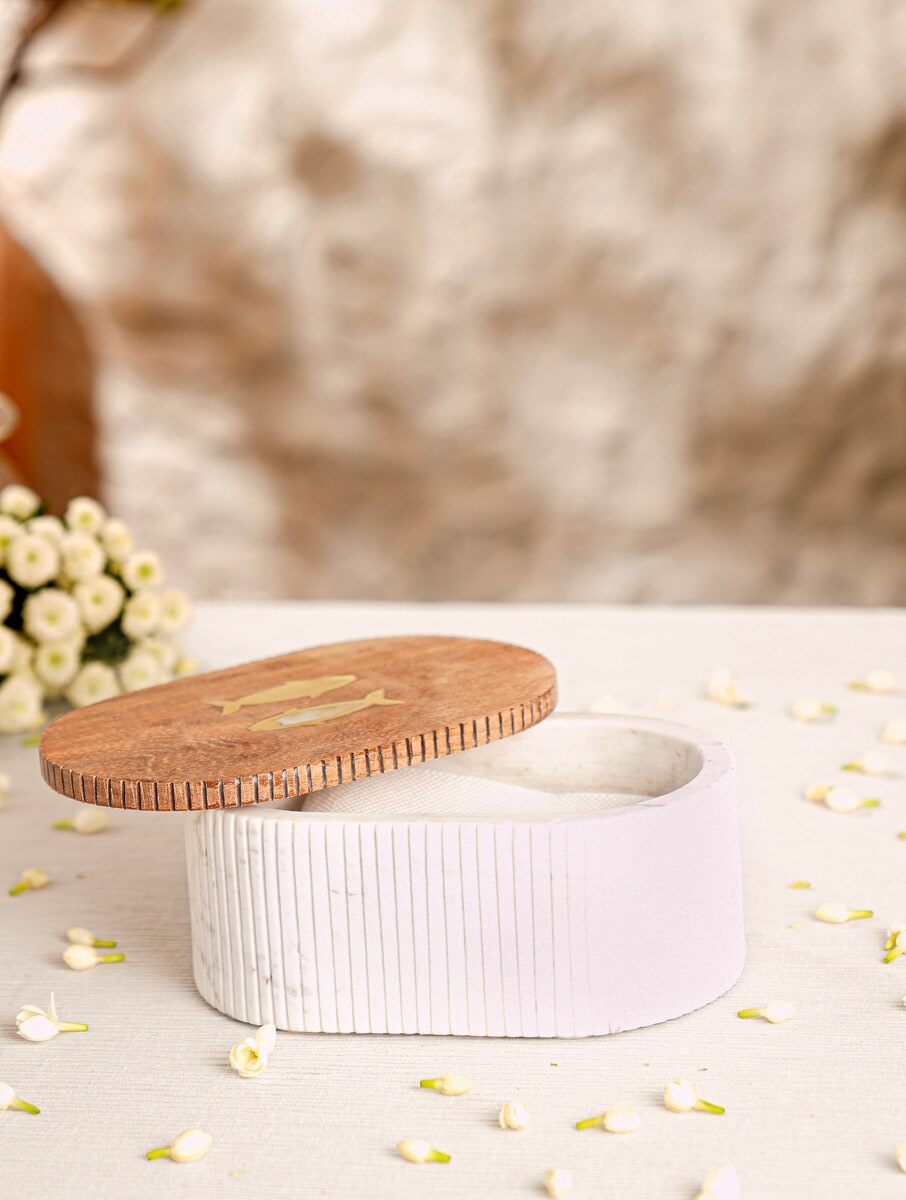 White Stone Fluted Storage Box with Wooden Lid