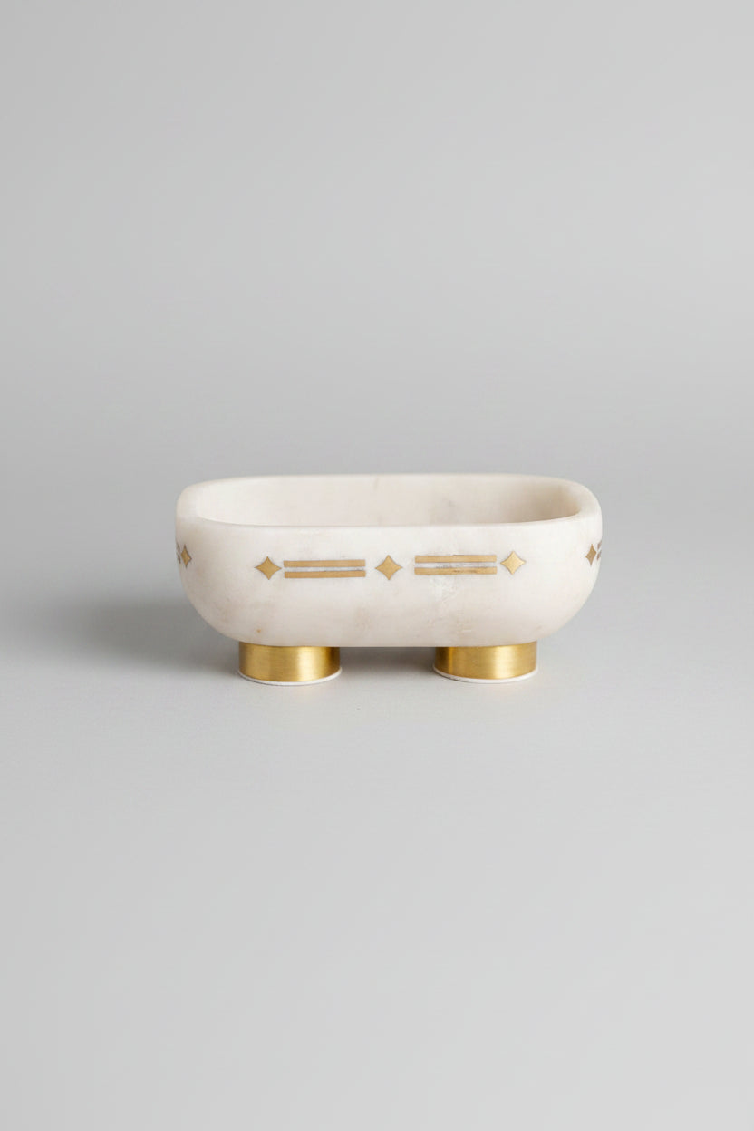 White Stone Oval Decorative Bowl with Metal Feet and Accents