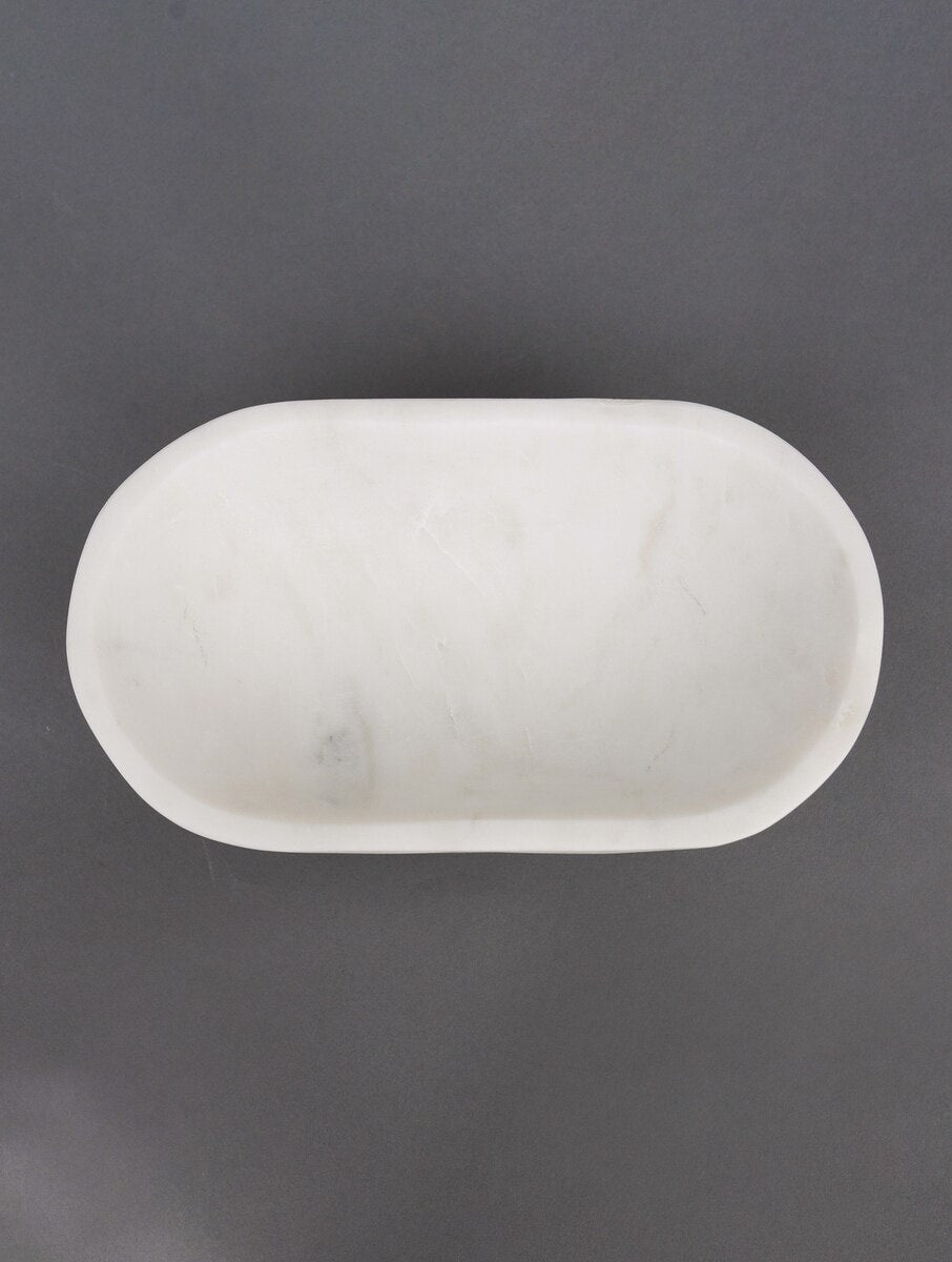 White Stone Oval Decorative Bowl with Metal Feet and Accents