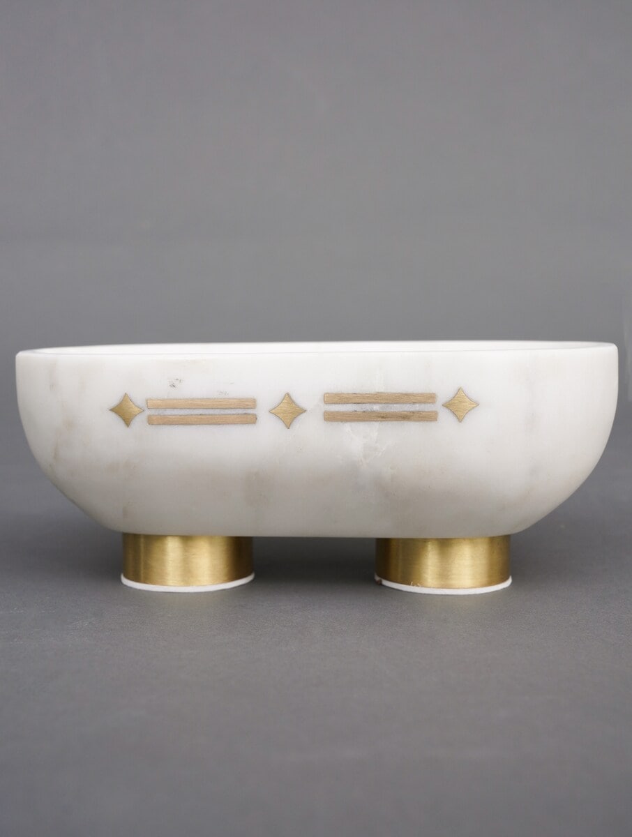 White Stone Oval Decorative Bowl with Metal Feet and Accents