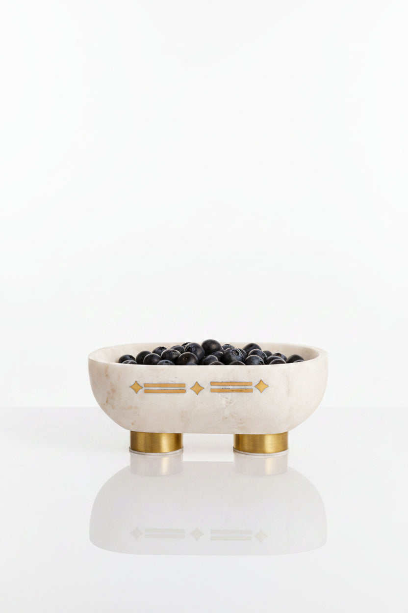 White Stone Oval Decorative Bowl with Metal Feet and Accents