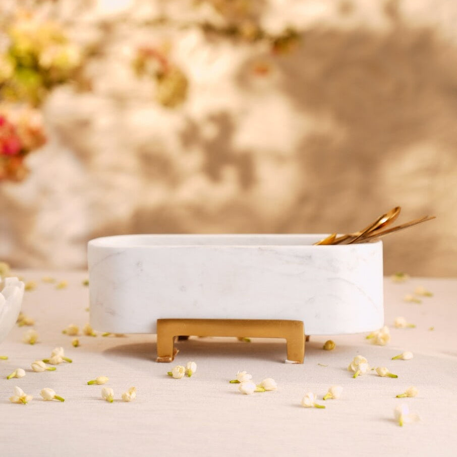 White Stone Oval Bowl with Metal Stand