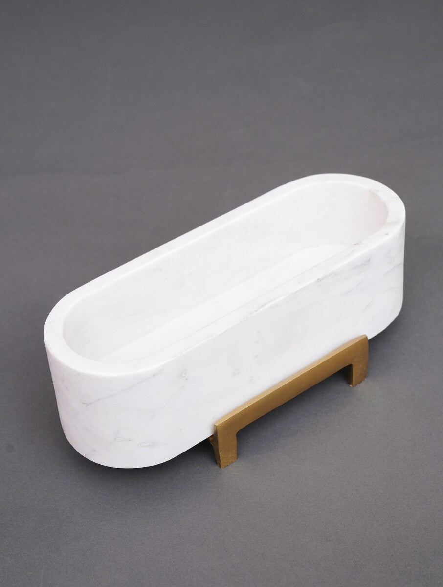 White Stone Oval Bowl with Metal Stand