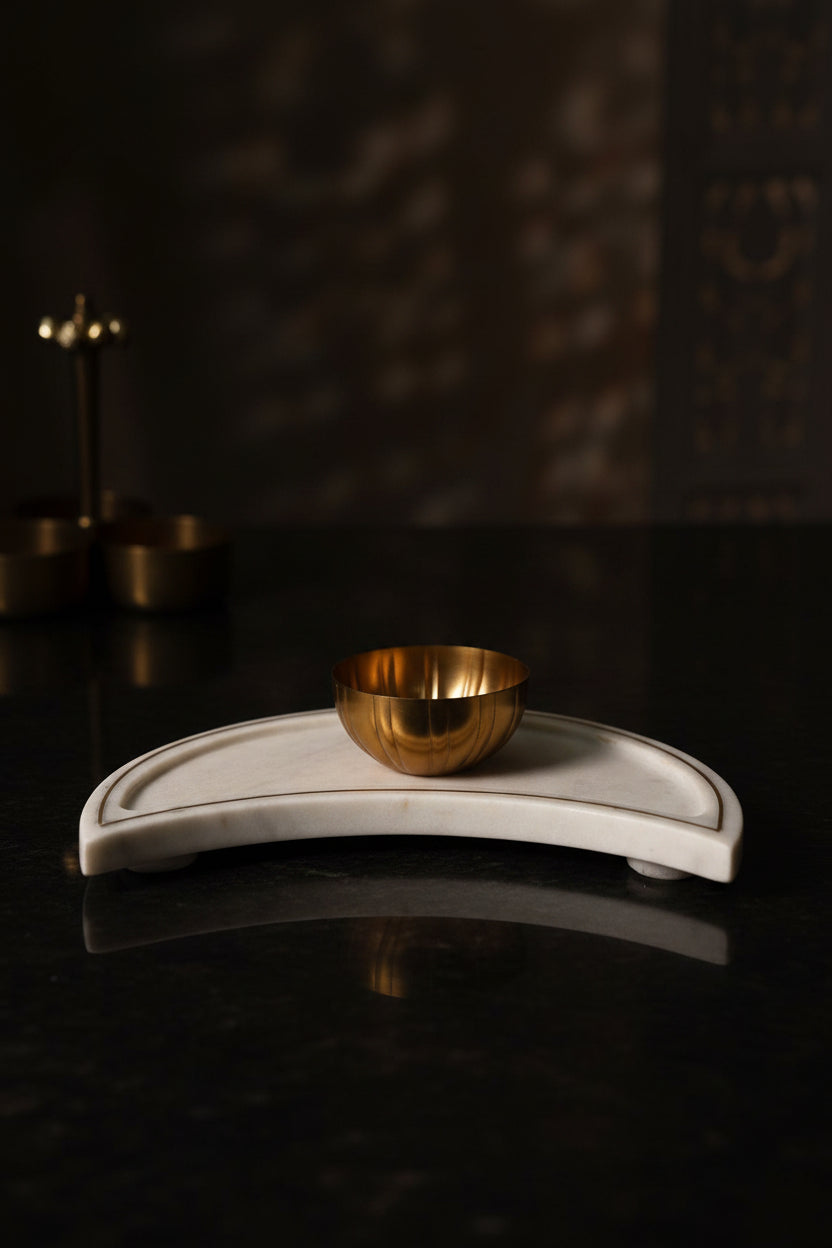 White Marble Crescent Platter with Metal Bowl