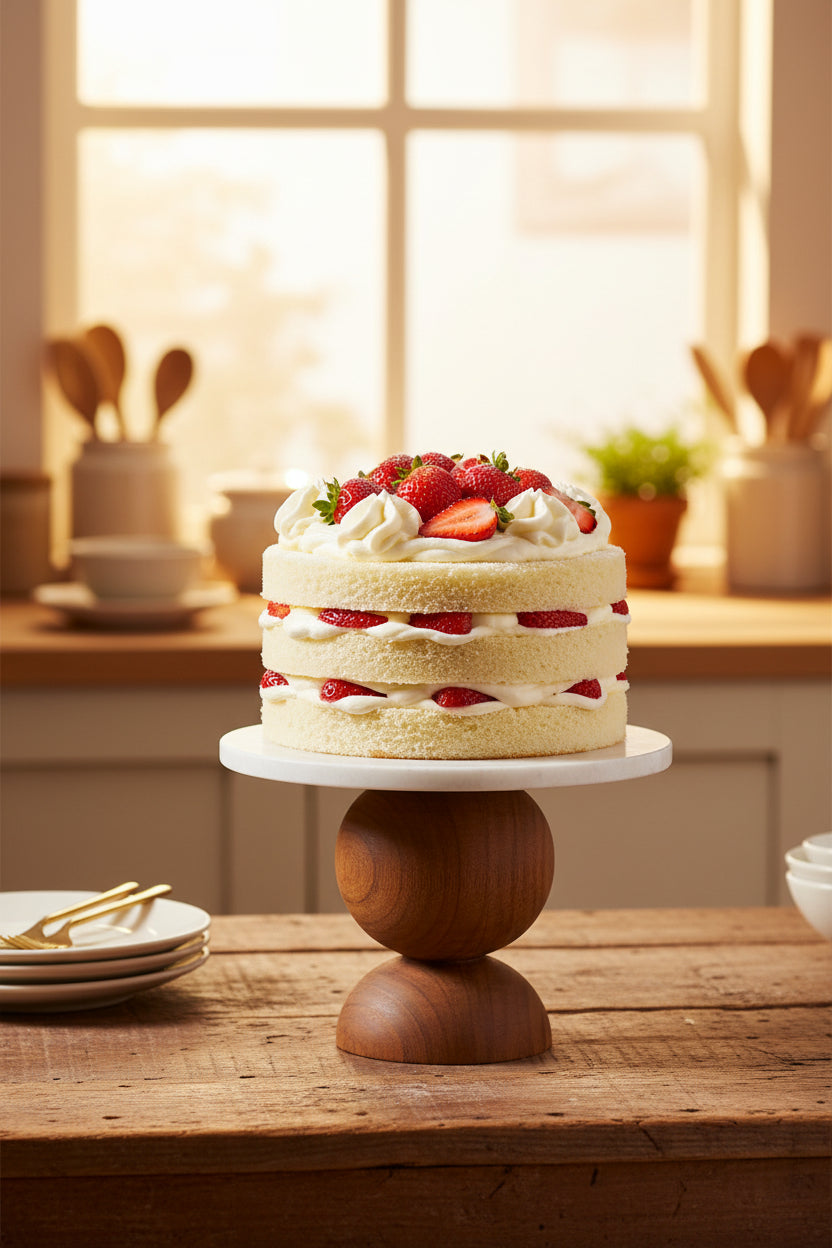 Marble Cake Stand with Brown Wooden Base