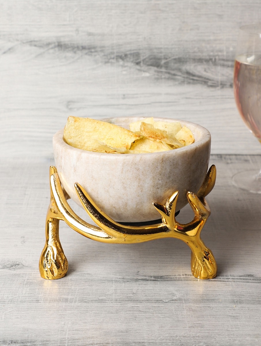 White Marble Bowl with Metal Antler Stand
