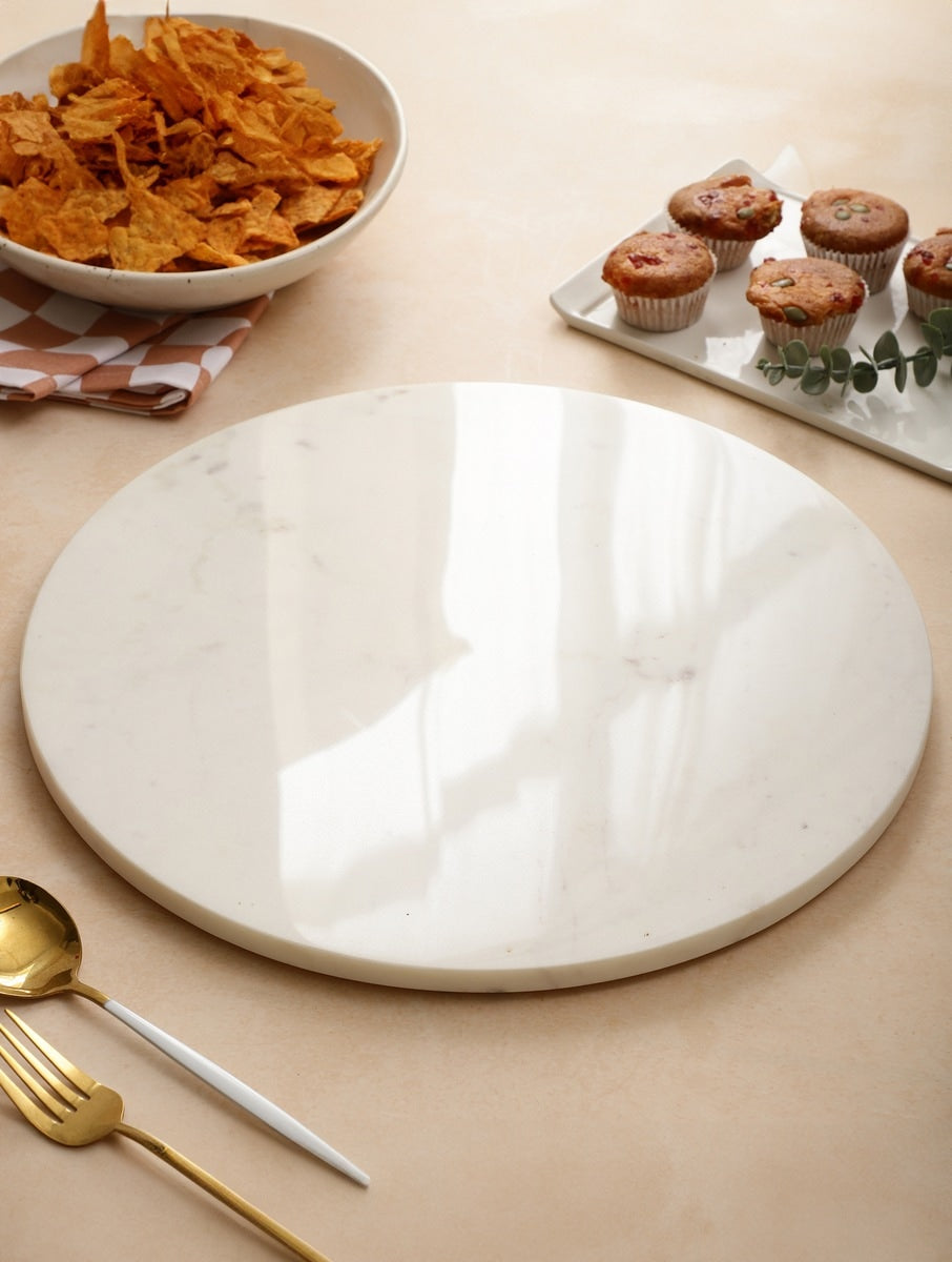 Handcrafted White Marble Round Serving Plate