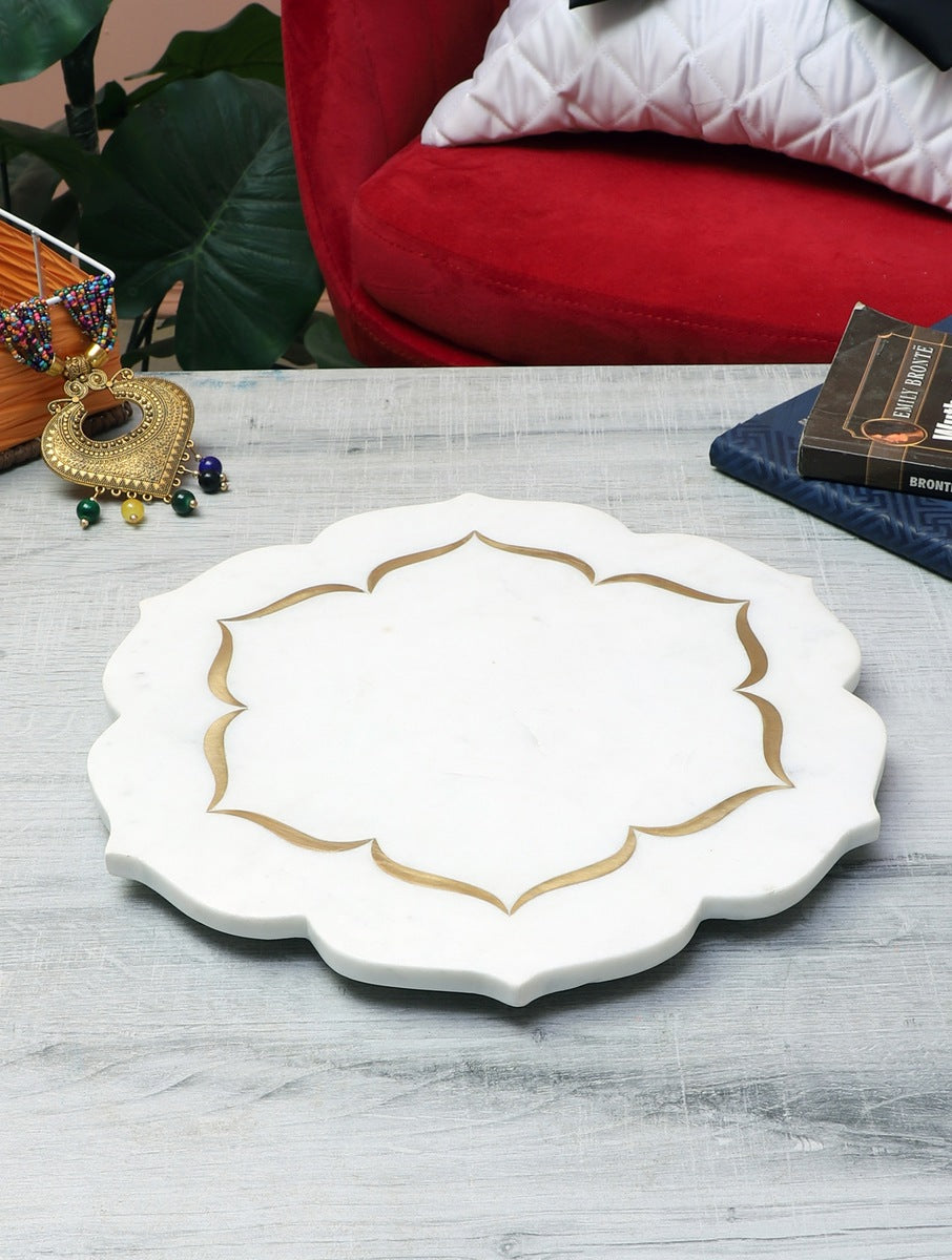 White Marble Scalloped Platter with Metal Inlay