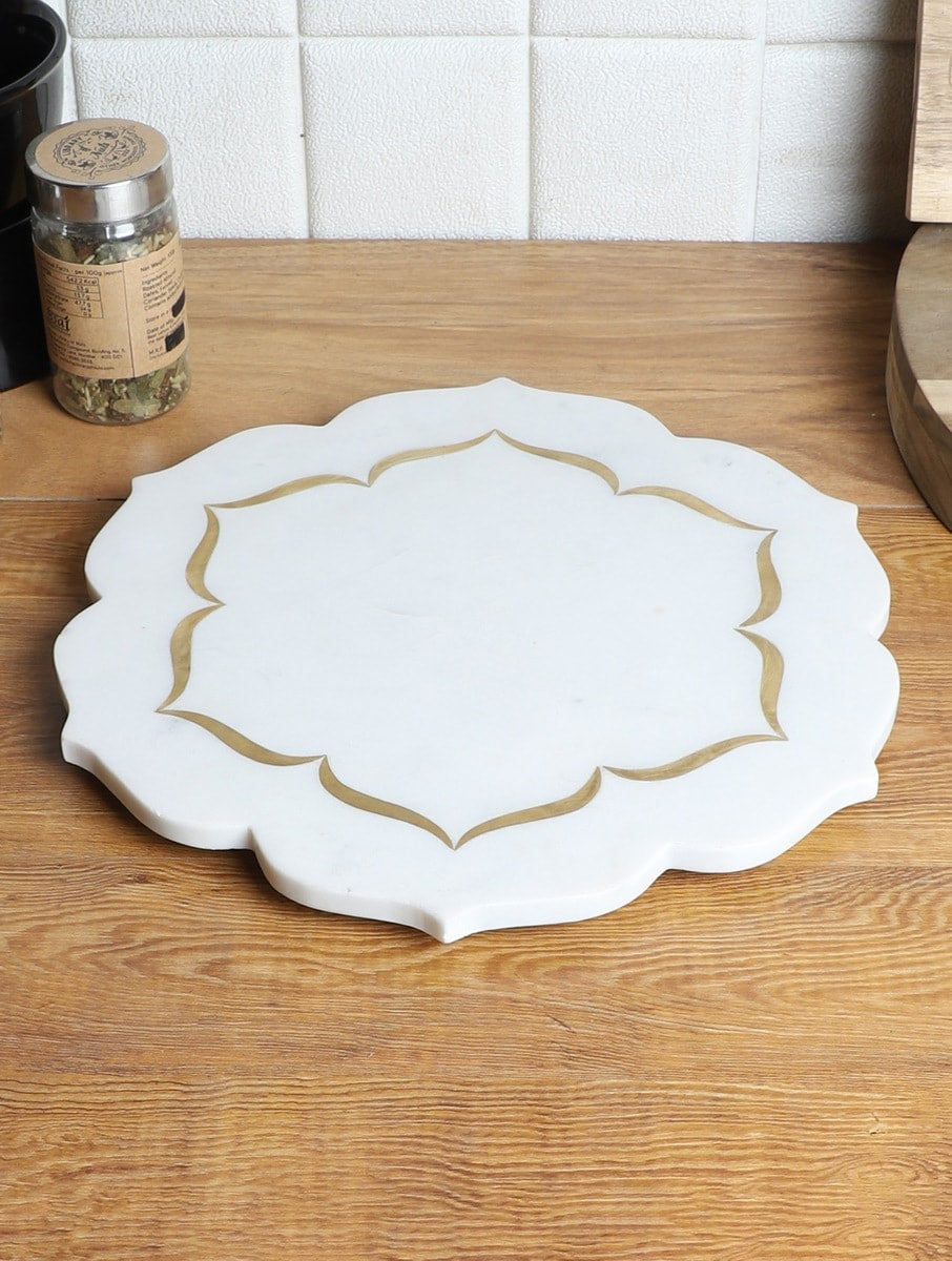 White Marble Scalloped Platter with Metal Inlay