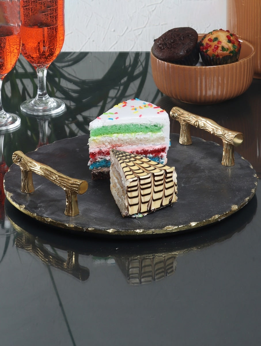 Black Marble Round Serving Tray with Metal Handles