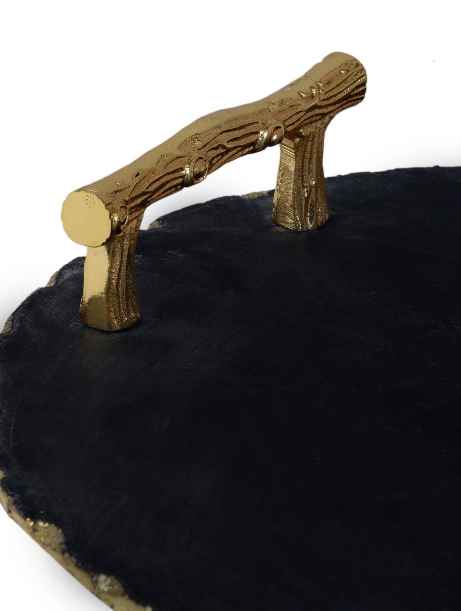 Black Marble Round Serving Tray with Metal Handles