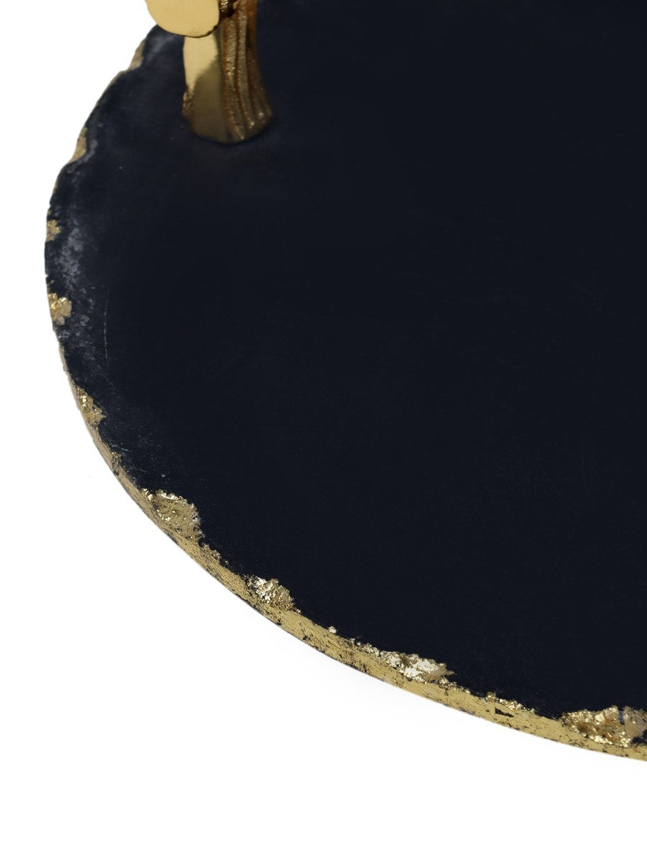 Black Marble Round Serving Tray with Metal Handles