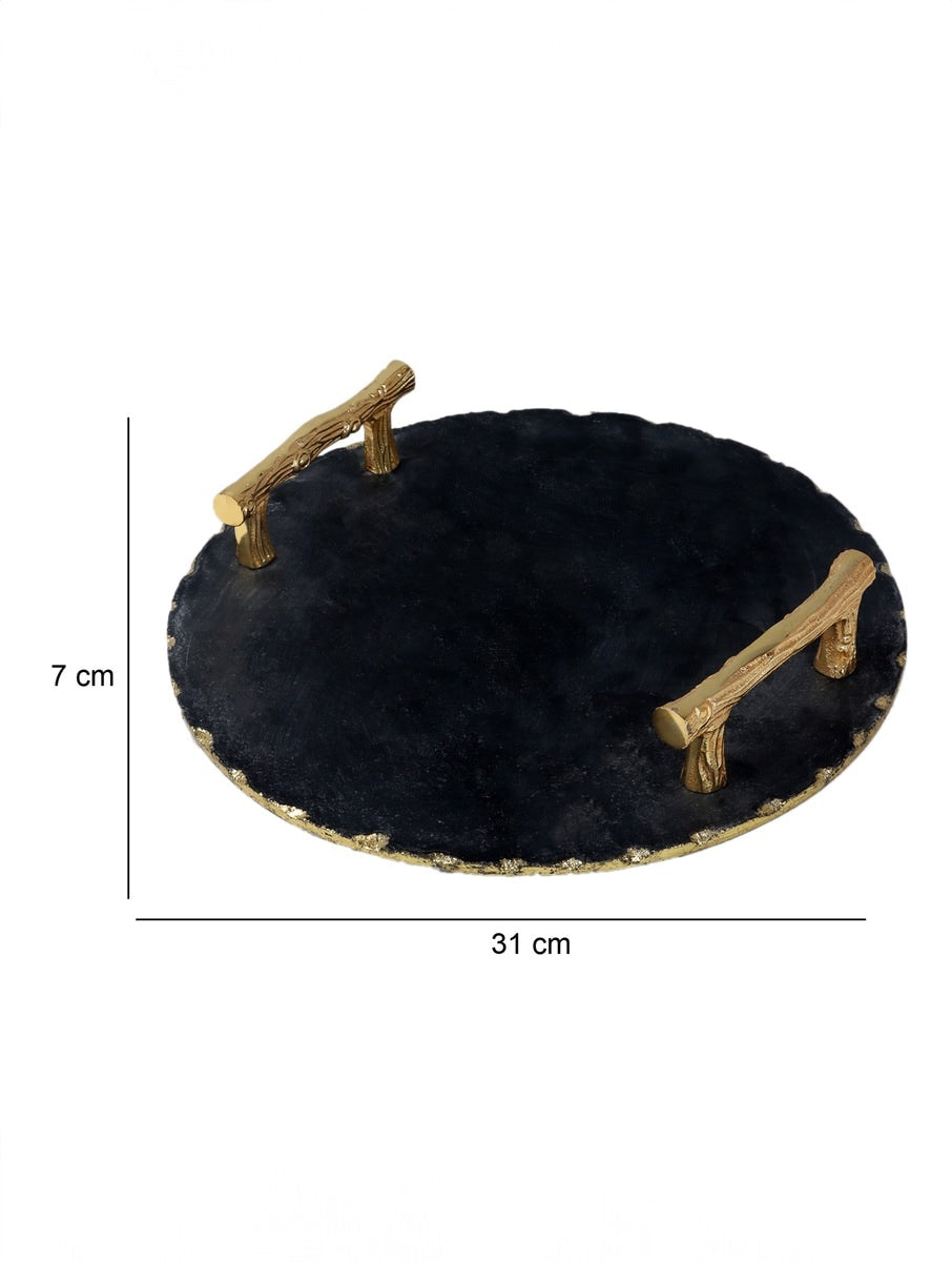 Black Marble Round Serving Tray with Metal Handles