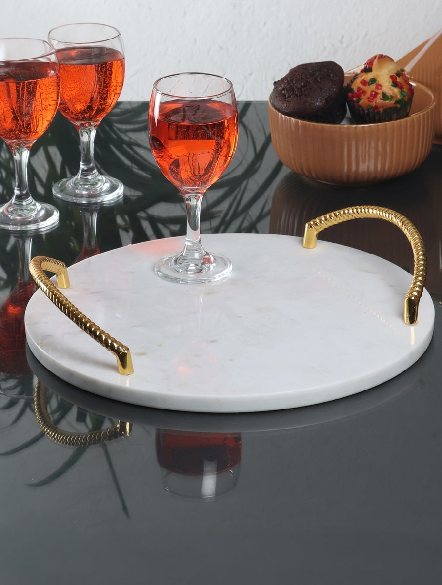 White Marble Round Serving Tray with Metal Handles
