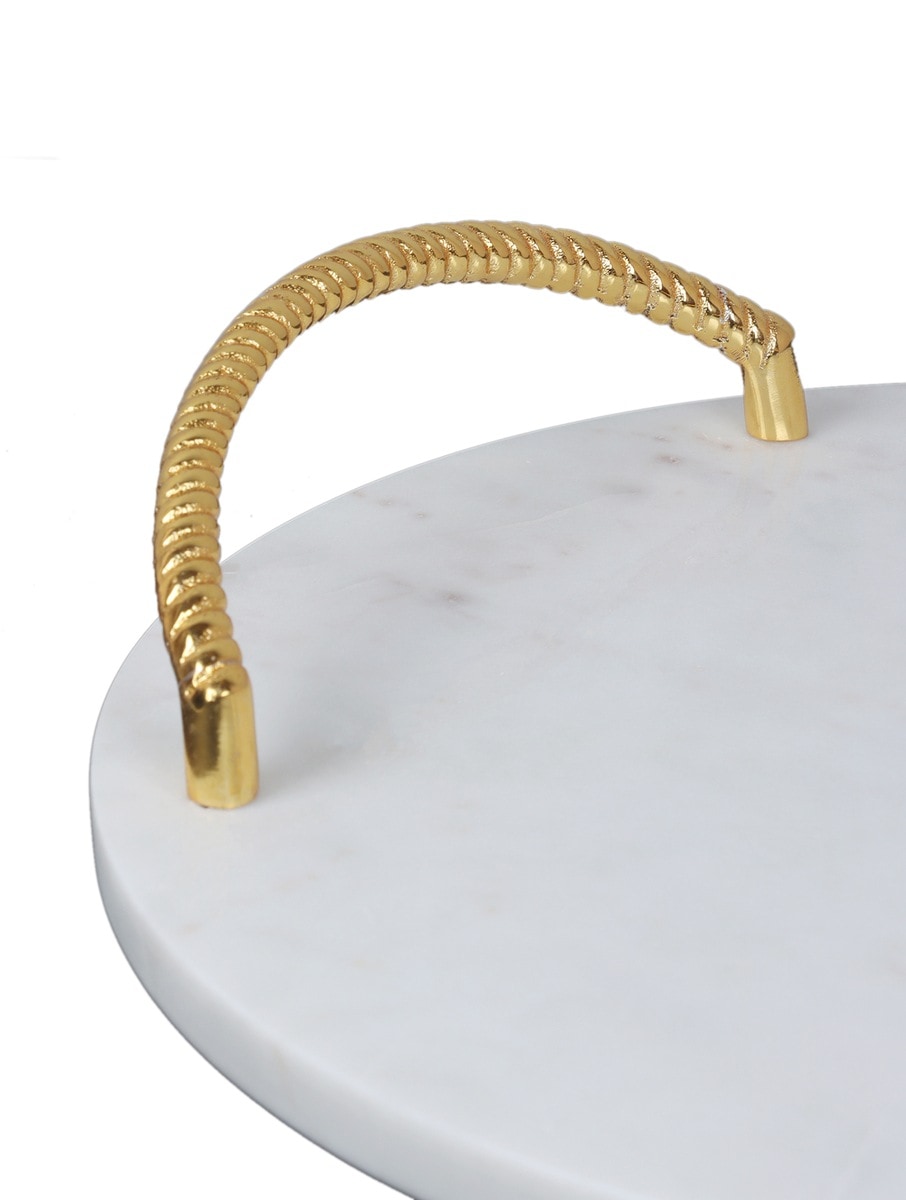 White Marble Round Serving Tray with Metal Handles