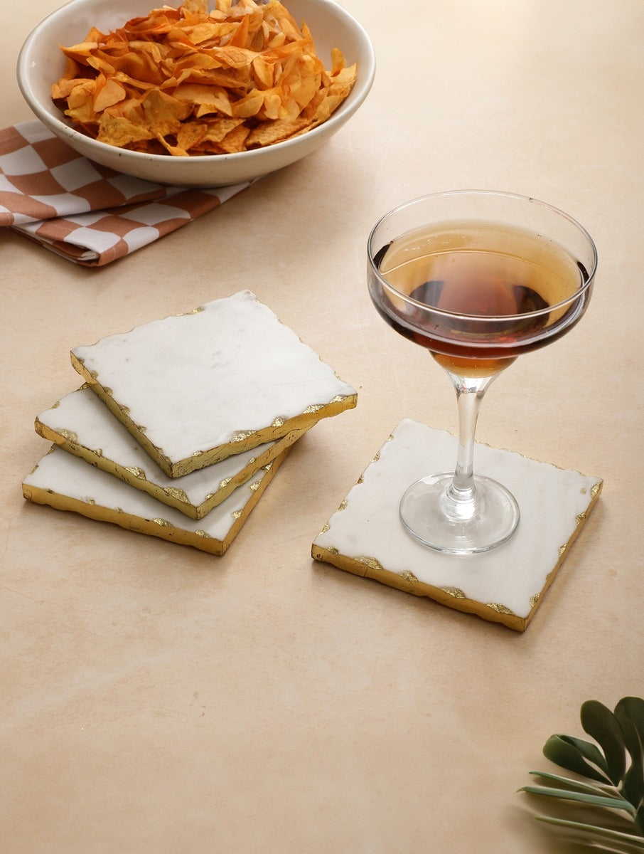 White Marble Square Coasters with Metal Edge – Set of Four