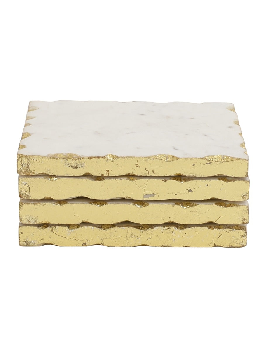 White Marble Square Coasters with Metal Edge – Set of Four
