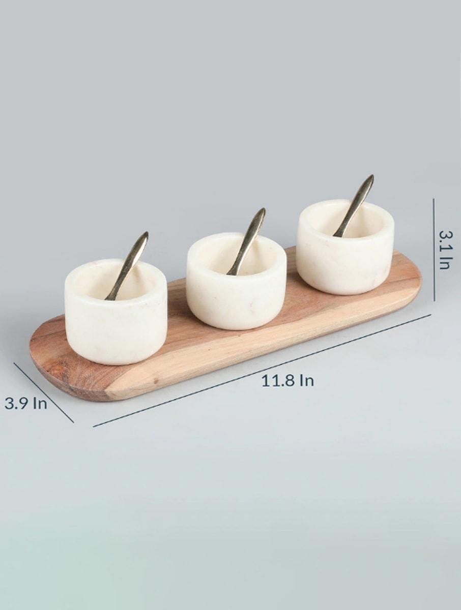 White Marble Container Set with Wooden Tray