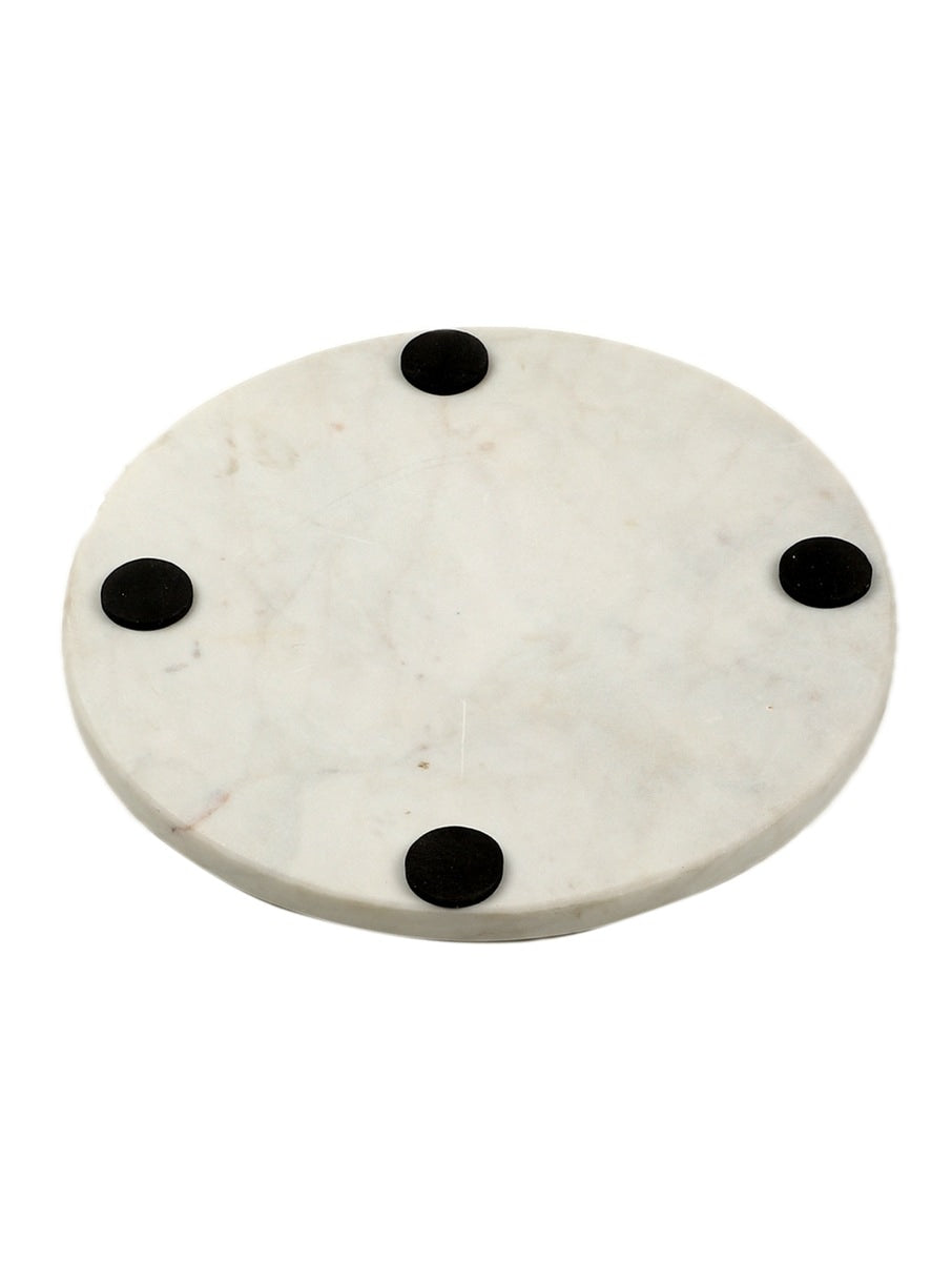 White Marble Round Platter with Metal Snowflake Inlay