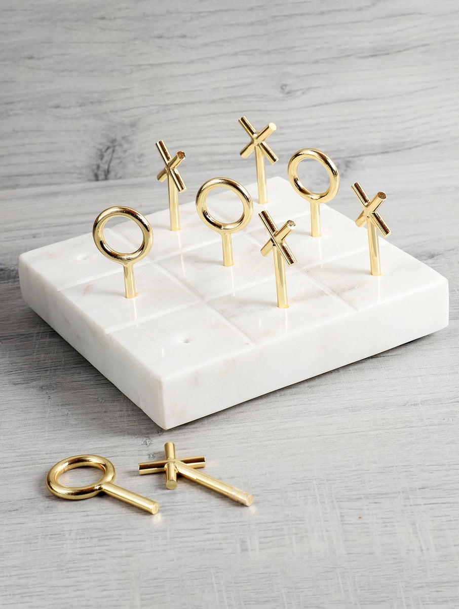 White Marble Tic-Tac-Toe Set with Metal X and O Pieces
