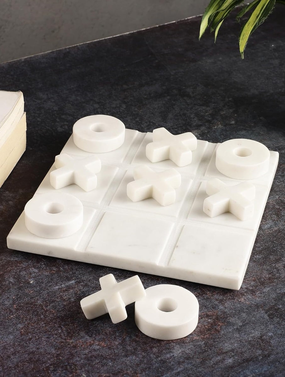 Hand-Carved White Marble Tic-Tac-Toe Set with X and O Pieces