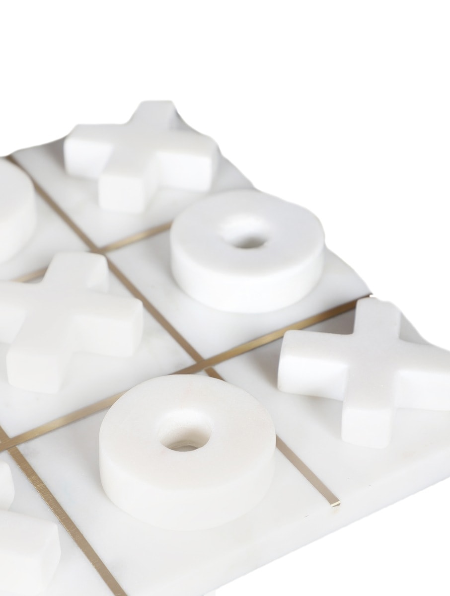 Hand-Carved White Marble Tic-Tac-Toe Set with X and O Pieces