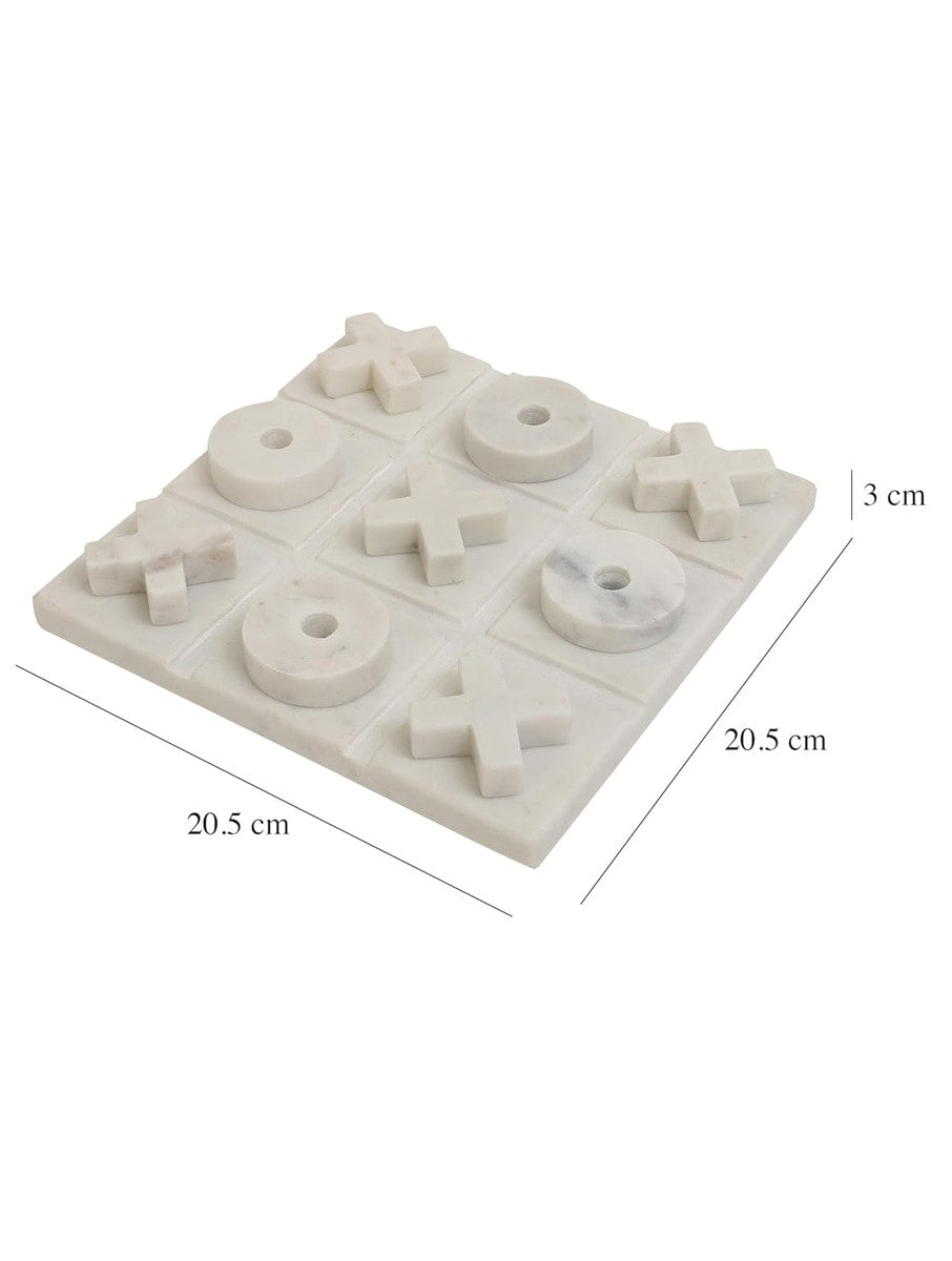 Hand-Carved White Marble Tic-Tac-Toe Set with X and O Pieces