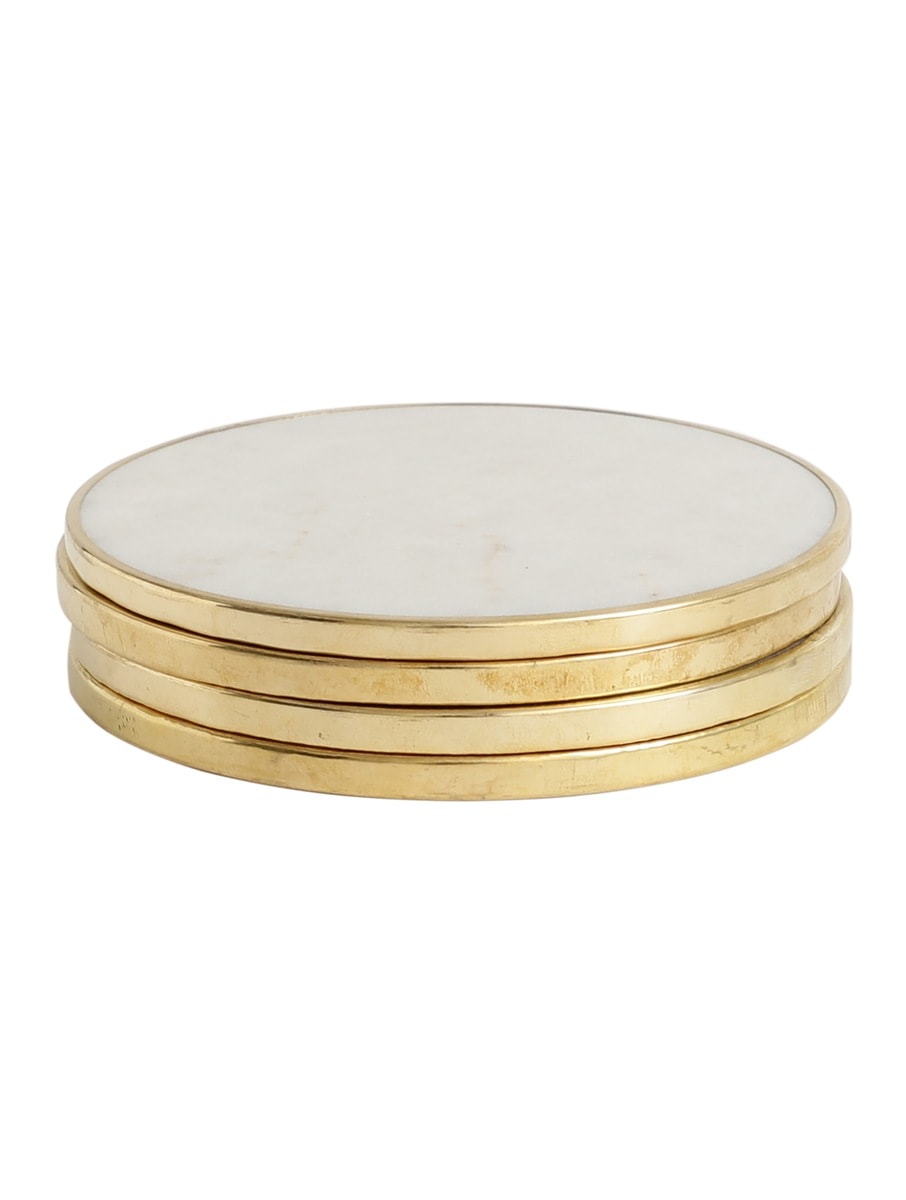 White Marble Round Coasters with Metal Rim Set of Four