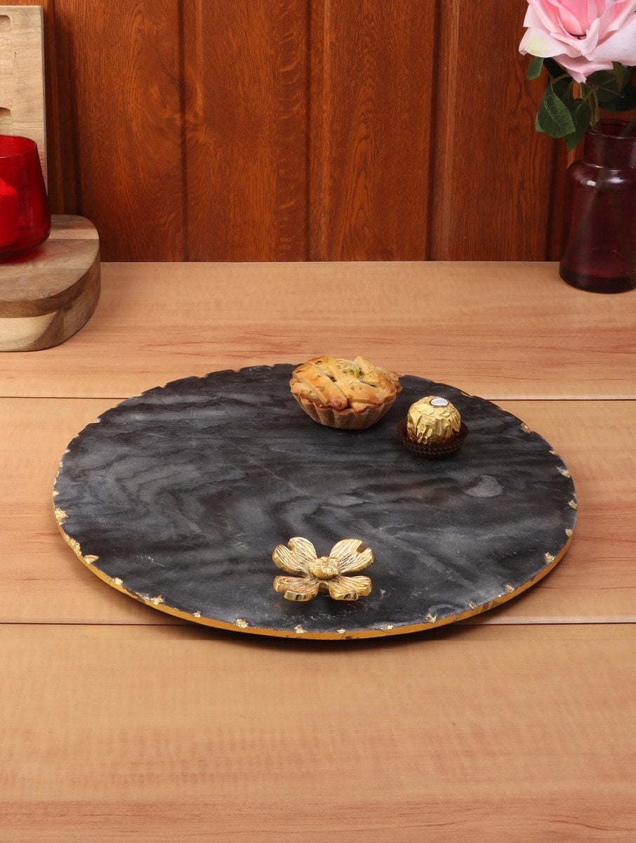 Black Marble Round Platter with Metal Flower Accent