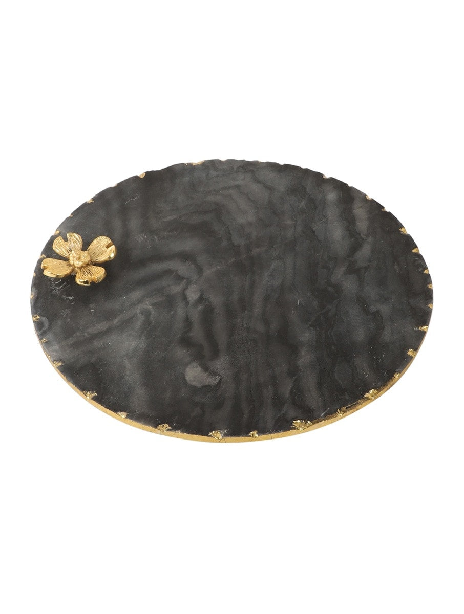 Black Marble Round Platter with Metal Flower Accent