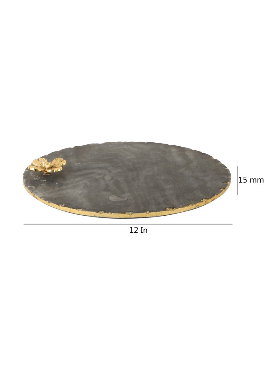 Black Marble Round Platter with Metal Flower Accent