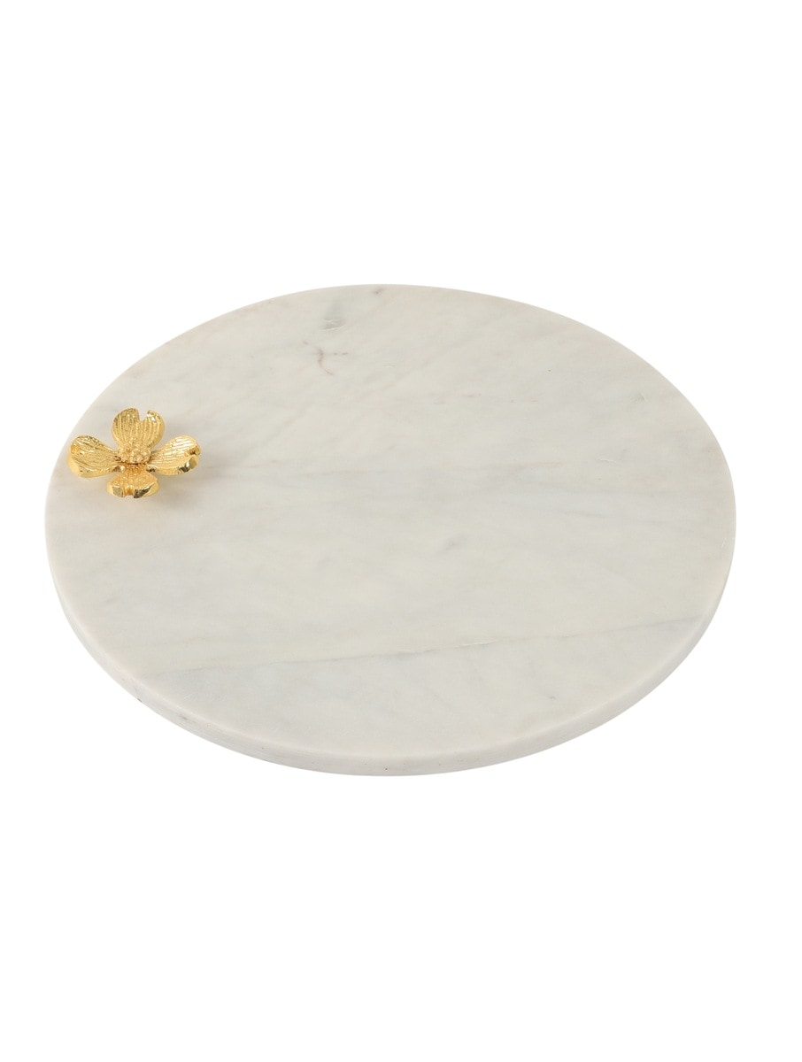 White Marble Round Platter with Metal Flower Accent